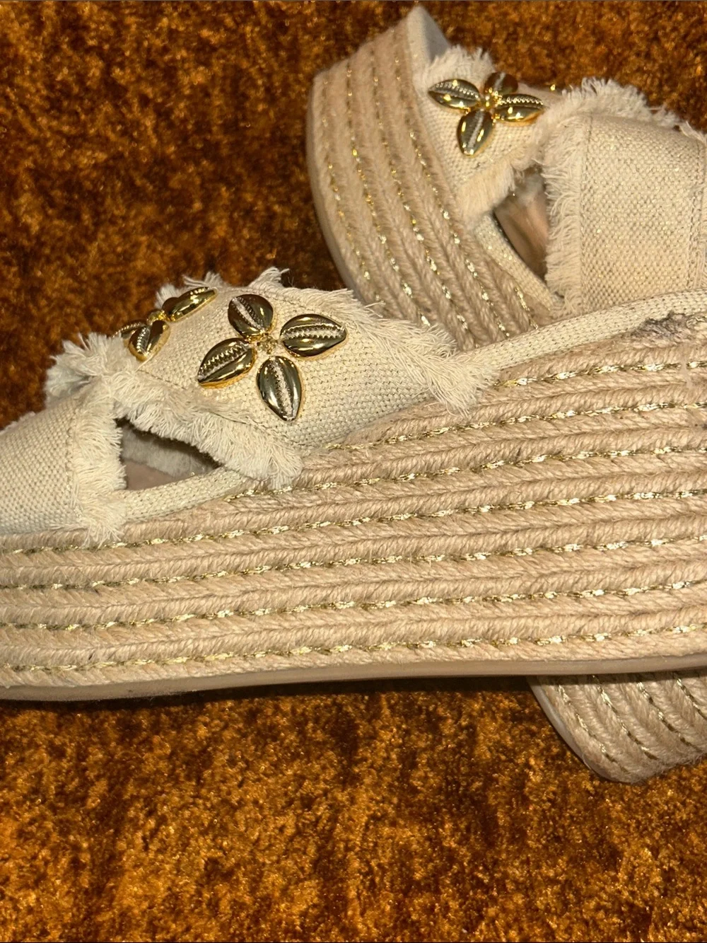 JustFab Cream Frayed Platform Slide Sandals with Gold Floral Accents
